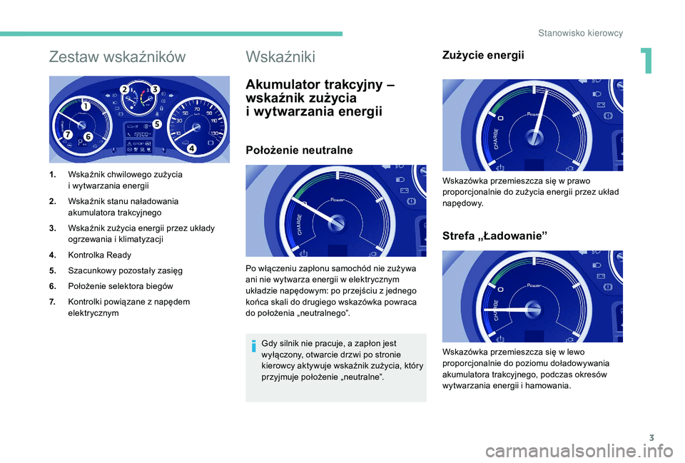 PEUGEOT PARTNER TEPEE ELECTRIC 2017  Instrukcja obsługi (in Polish) 3
Zestaw wskaźników
1.Wskaźnik chwilowego zużycia  
i wytwarzania energii
2. Wskaźnik stanu naładowania 
akumulatora trakcyjnego
3. Wskaźnik zużycia energii przez układy 
ogrzewania i klimaty