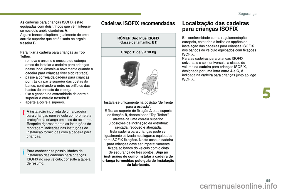 PEUGEOT PARTNER TEPEE ELECTRIC 2017  Manual de utilização (in Portuguese) 99
As cadeiras para crianças ISOFIX estão 
equipadas com dois trincos que vêm integrar-
se nos dois anéis dianteiros A.
Alguns bancos dispõem igualmente de uma 
correia superior que está fixada 