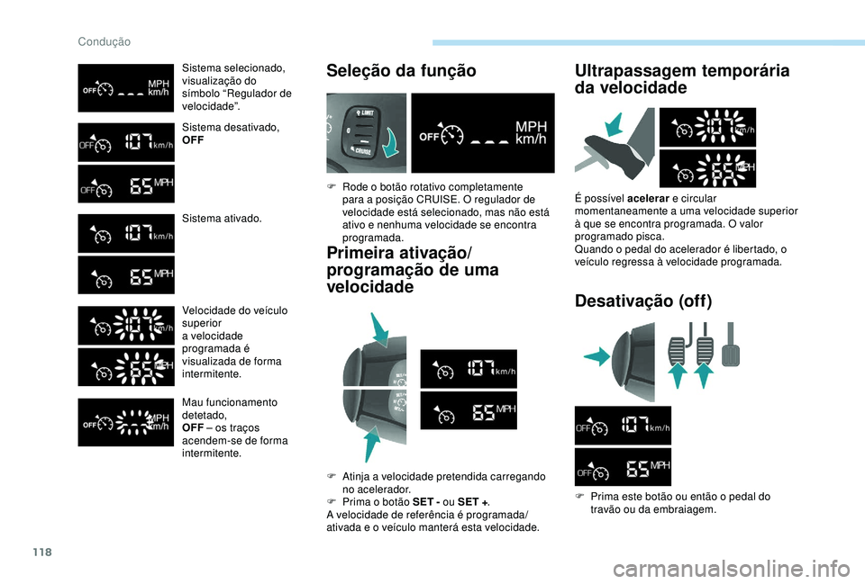 PEUGEOT PARTNER TEPEE ELECTRIC 2017  Manual de utilização (in Portuguese) 118
Sistema selecionado,
visualização do 
símbolo “Regulador de 
velocidade”.
Sistema desativado,
OFF
Sistema ativado.
Velocidade do veículo 
superior
a velocidade 
programada é 
visualizada 