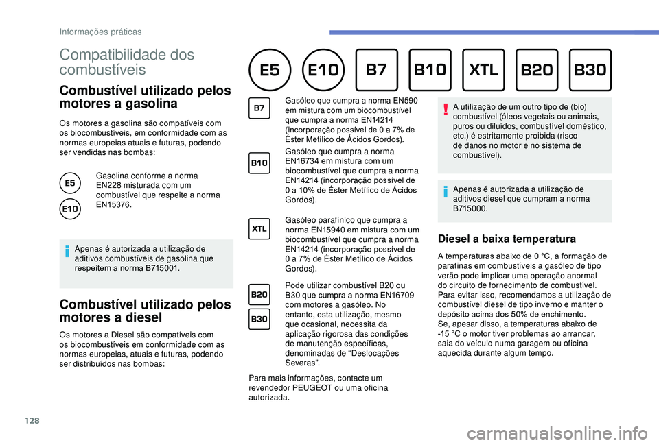 PEUGEOT PARTNER TEPEE ELECTRIC 2017  Manual de utilização (in Portuguese) 128
Compatibilidade dos 
combustíveis 
Combustível utilizado pelos 
motores a gasolina
Os motores a gasolina são compatíveis com 
os biocombustíveis, em conformidade com as 
normas europeias atua