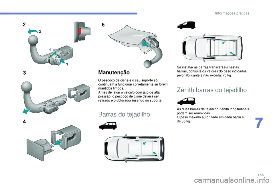 PEUGEOT PARTNER TEPEE ELECTRIC 2017  Manual de utilização (in Portuguese) 133
Manutenção
O pescoço de cisne e o seu suporte só 
continuam a funcionar corretamente se forem 
mantidos limpos.
Antes de lavar o veículo com jato de alta 
pressão, o pescoço de cisne dever