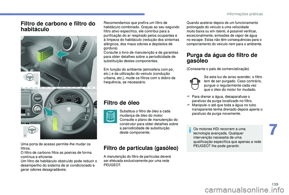 PEUGEOT PARTNER TEPEE ELECTRIC 2017  Manual de utilização (in Portuguese) 139
Filtro de carbono e filtro do 
habitáculoFiltro de óleo
Substitua o filtro de óleo a cada 
mudança de óleo do motor.
Consulte o plano de manutenção do 
construtor para obter detalhes sobre 