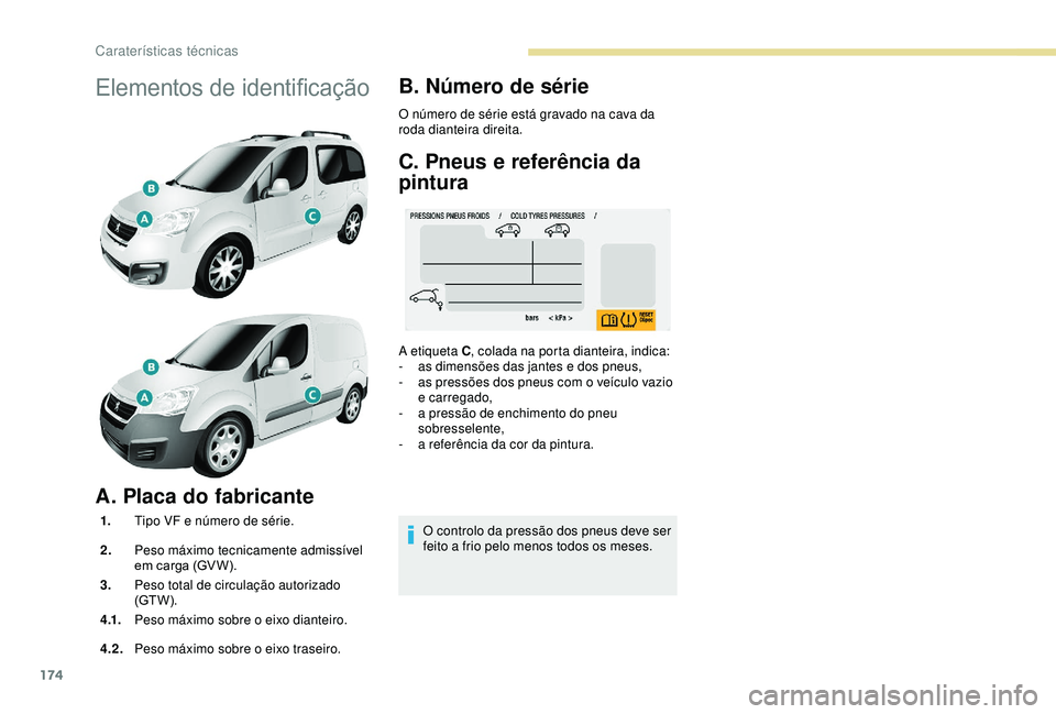 PEUGEOT PARTNER TEPEE ELECTRIC 2017  Manual de utilização (in Portuguese) 174
Elementos de identificação
A. Placa do fabricante
1.Tipo VF e número de série.
2. Peso máximo tecnicamente admissível 
em carga (GV W).
3. Peso total de circulação autorizado 
(GT W).
4 .1