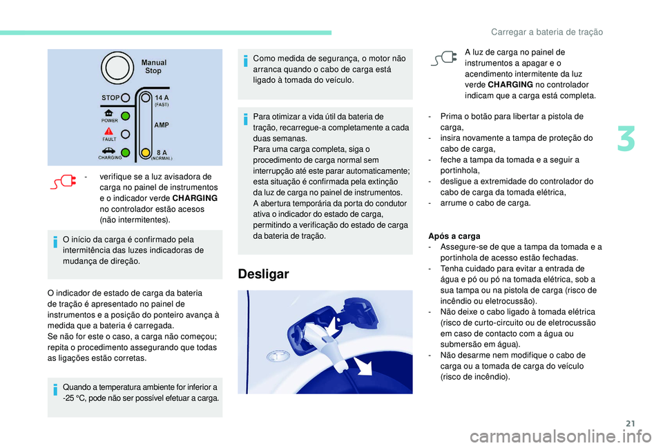 PEUGEOT PARTNER TEPEE ELECTRIC 2017  Manual de utilização (in Portuguese) 21
- verifique se a luz avisadora de carga no painel de instrumentos 
e o indicador verde CHARGING  
no controlador estão acesos 
(não intermitentes).
O início da carga é confirmado pela 
intermit