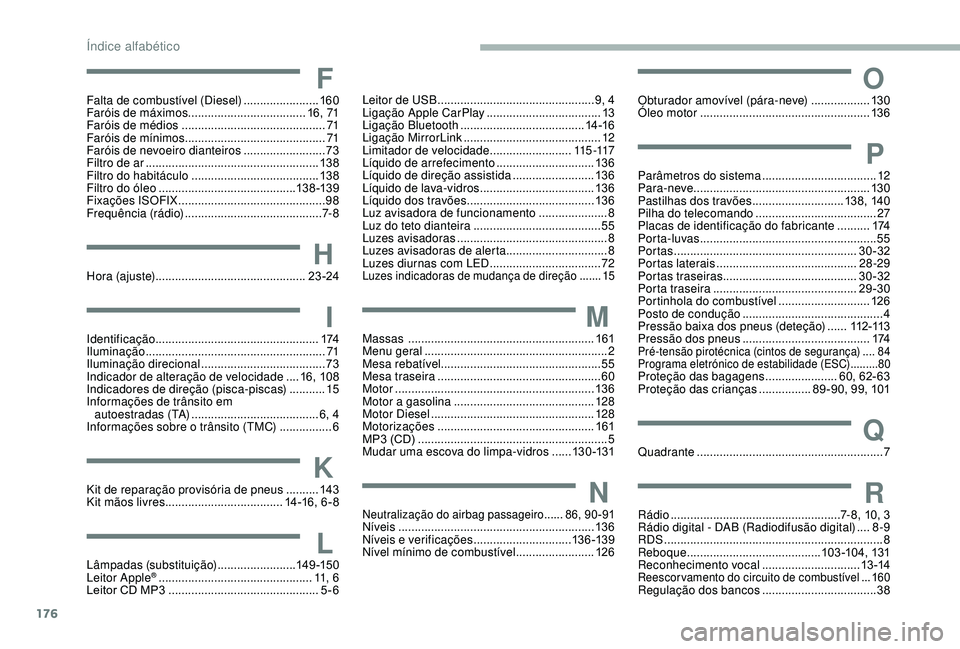 PEUGEOT PARTNER TEPEE ELECTRIC 2017  Manual de utilização (in Portuguese) 176176
FFalta de combustível (Diesel) .......................160
Faróis de máximos  .................................... 16, 71
Faróis de médios
 

............................................ 71