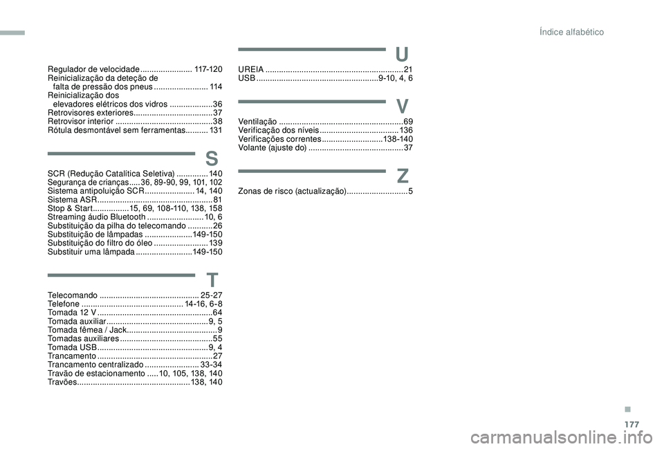 PEUGEOT PARTNER TEPEE ELECTRIC 2017  Manual de utilização (in Portuguese) 177177
Regulador de velocidade .......................11 7-12 0
Reinicialização da deteção de  falta de pressão dos pneus
  ........................114
Reinicialização dos  elevadores elétrico