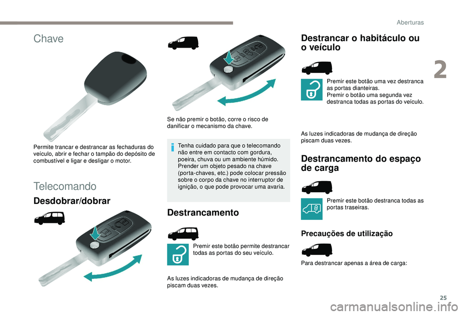 PEUGEOT PARTNER TEPEE ELECTRIC 2017  Manual de utilização (in Portuguese) 25
Chave
Permite trancar e destrancar as fechaduras do 
veículo, abrir e fechar o tampão do depósito de 
combustível e ligar e desligar o motor.
Telecomando
Desdobrar/dobrar 
Se não premir o bot