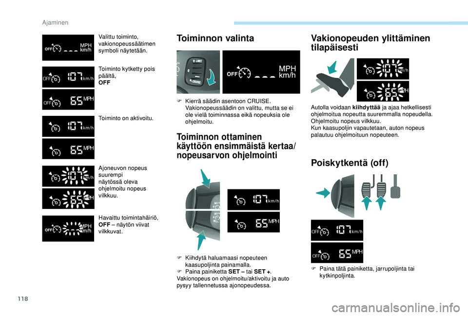 PEUGEOT PARTNER TEPEE ELECTRIC 2017  Omistajan Käsikirja (in Finnish) 118
Valittu toiminto,
vakionopeussäätimen 
symboli näytetään.
Toiminto kytketty pois 
päältä,
OFF
Toiminto on aktivoitu.
Ajoneuvon nopeus 
suurempi
näytössä oleva 
ohjelmoitu nopeus 
vilkku