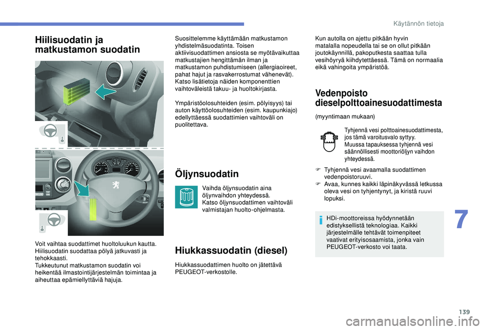 PEUGEOT PARTNER TEPEE ELECTRIC 2017 Omistajan Käsikirja (in Finnish) 139
Hiilisuodatin ja
matkustamon suodatinÖljynsuodatin
Vaihda öljynsuodatin aina
öljynvaihdon yhteydessä.
Katso öljynsuodattimen vaihtoväli
valmistajan huolto-ohjelmasta.
Hiukkassuodatin (die PEUGEOT PARTNER TEPEE ELECTRIC 2017 Omistajan Käsikirja (in Finnish) 139
Hiilisuodatin ja
matkustamon suodatinÖljynsuodatin
Vaihda öljynsuodatin aina
öljynvaihdon yhteydessä.
Katso öljynsuodattimen vaihtoväli
valmistajan huolto-ohjelmasta.
Hiukkassuodatin (die