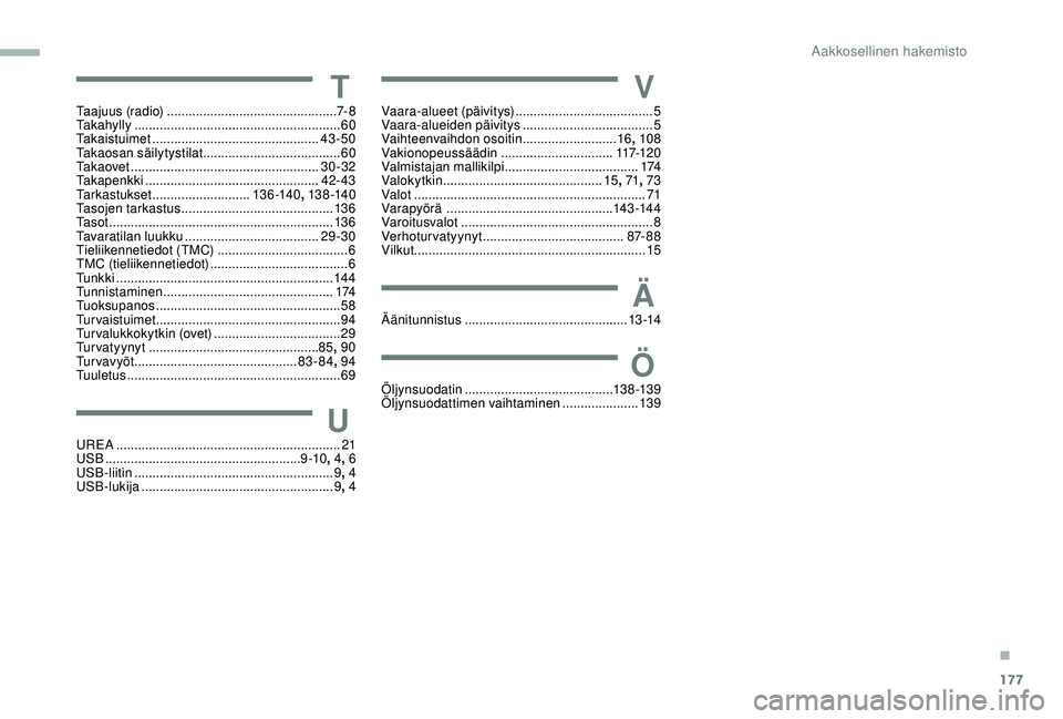 PEUGEOT PARTNER TEPEE ELECTRIC 2017 Omistajan Käsikirja (in Finnish) 177
TTaajuus (radio) ............................................... 7- 8
Takahylly ......................................................... 60
Takaistuimet
...................................... PEUGEOT PARTNER TEPEE ELECTRIC 2017 Omistajan Käsikirja (in Finnish) 177
TTaajuus (radio) ............................................... 7- 8
Takahylly ......................................................... 60
Takaistuimet
......................................