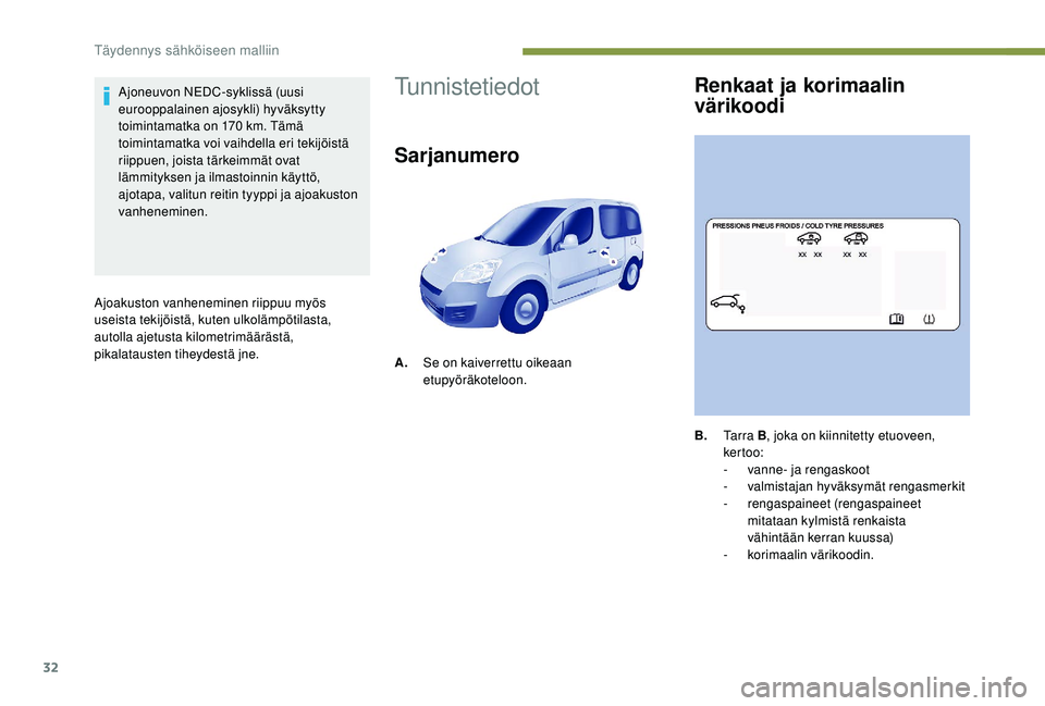 PEUGEOT PARTNER TEPEE ELECTRIC 2017  Omistajan Käsikirja (in Finnish) 32
Ajoneuvon NEDC-syklissä (uusi 
eurooppalainen ajosykli) hyväksytty 
toimintamatka on 170  km. Tämä 
toimintamatka voi vaihdella eri tekijöistä 
riippuen, joista tärkeimmät ovat 
lämmitykse