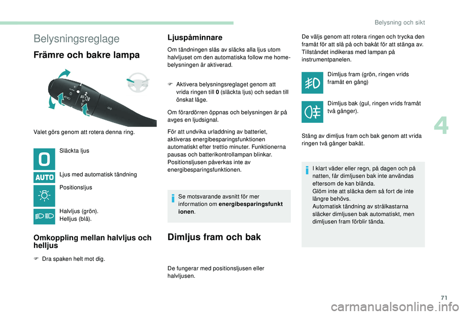 PEUGEOT PARTNER TEPEE ELECTRIC 2017 Bruksanvisningar (in Swedish) 71
Belysningsreglage
Främre och bakre lampa
Släckta ljus
Ljus med automatisk tändning
Positionsljus
Halvljus (grön).
Helljus (blå).
Omkoppling mellan halvljus och
helljus
F Dra spaken helt mot PEUGEOT PARTNER TEPEE ELECTRIC 2017 Bruksanvisningar (in Swedish) 71
Belysningsreglage
Främre och bakre lampa
Släckta ljus
Ljus med automatisk tändning
Positionsljus
Halvljus (grön).
Helljus (blå).
Omkoppling mellan halvljus och
helljus
F Dra spaken helt mot