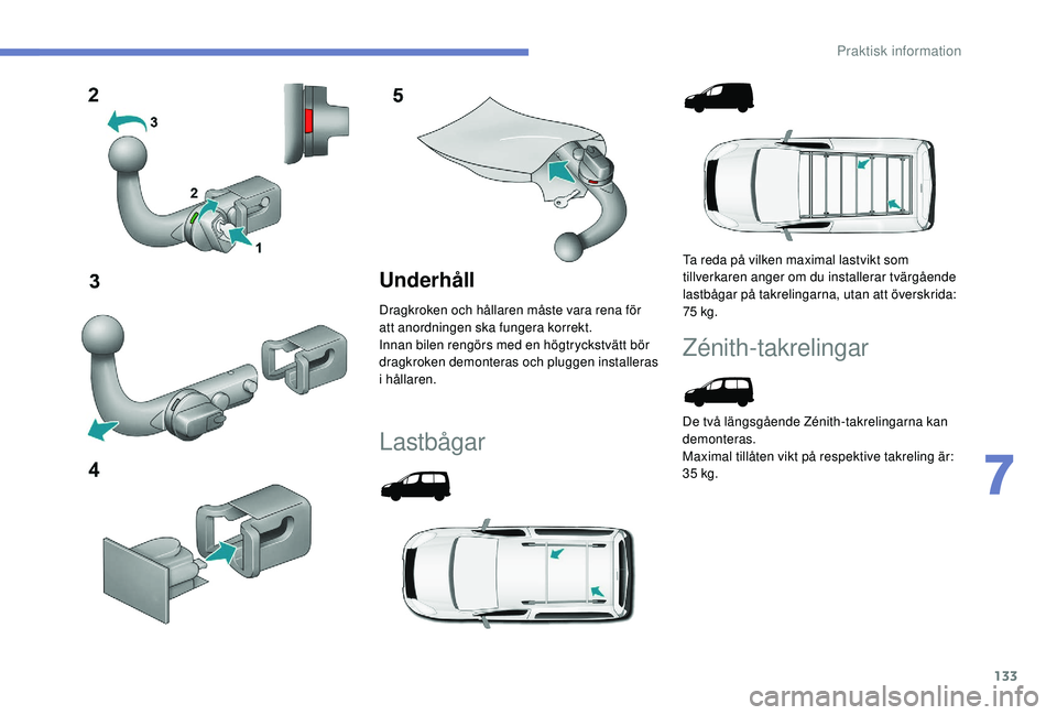 PEUGEOT PARTNER TEPEE ELECTRIC 2017  Bruksanvisningar (in Swedish) 133
Underhåll
Dragkroken och hållaren måste vara rena för 
att anordningen ska fungera korrekt.
Innan bilen rengörs med en högtryckstvätt bör 
dragkroken demonteras och pluggen installeras 
i 