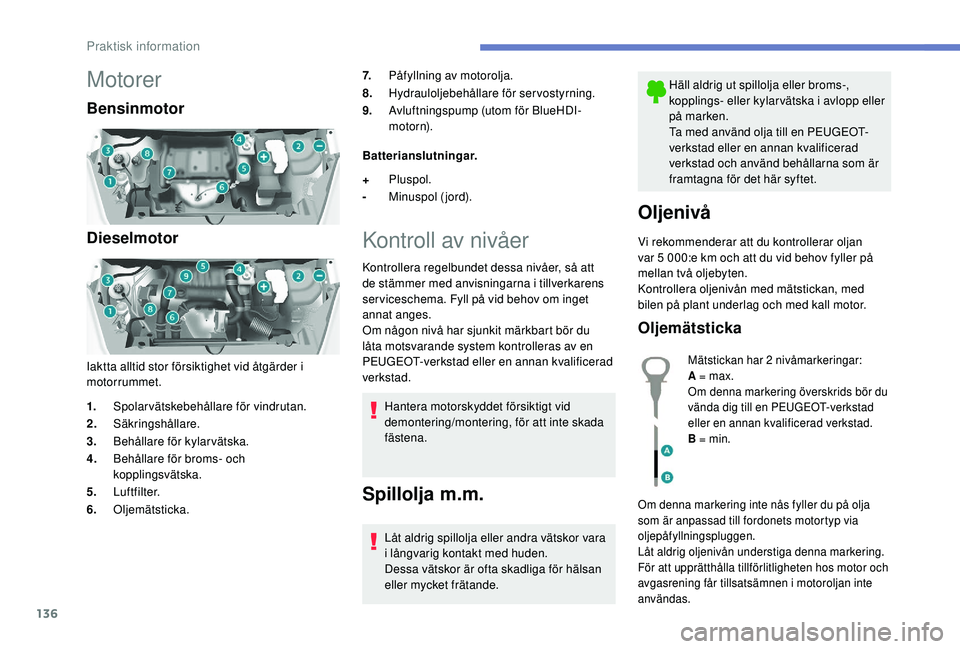 PEUGEOT PARTNER TEPEE ELECTRIC 2017 Bruksanvisningar (in Swedish) 136
Motorer
Bensinmotor
Dieselmotor
Iaktta alltid stor försiktighet vid åtgärder i
motorrummet.7.
Påfyllning av motorolja.
8. Hydrauloljebehållare för servostyrning.
9. Avluftningspump (utom f PEUGEOT PARTNER TEPEE ELECTRIC 2017 Bruksanvisningar (in Swedish) 136
Motorer
Bensinmotor
Dieselmotor
Iaktta alltid stor försiktighet vid åtgärder i
motorrummet.7.
Påfyllning av motorolja.
8. Hydrauloljebehållare för servostyrning.
9. Avluftningspump (utom f
