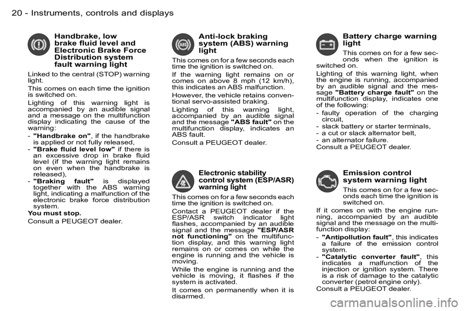 PEUGEOT PARTNER VP 2007  Owners Manual �I�n�s�t�r�u�m�e�n�t�s�,� �c�o�n�t�r�o�l�s� �a�n�d� �d�i�s�p�l�a�y�s�2�0 �-
�E�l�e�c�t�r�o�n�i�c� �s�t�a�b�i�l�i�t�y�  
�c�o�n�t�r�o�l� �s�y�s�t�e�m� �(�E�S�P�/�A�S�R�)� 
�w�a�r�n�i�n�g� �l�i�g�h�t
�T