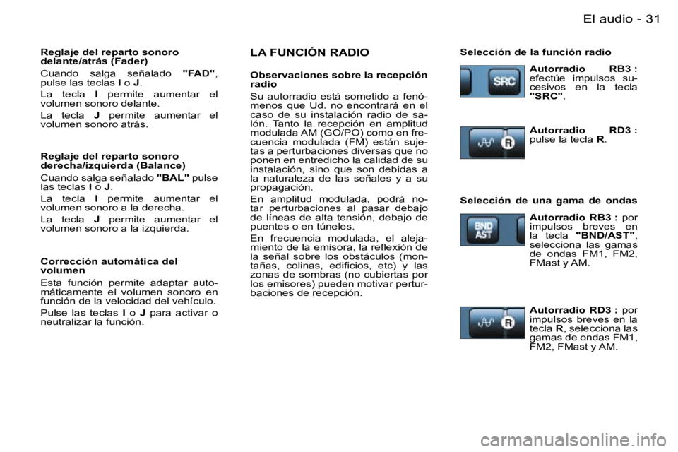 PEUGEOT PARTNER VP 2007  Manual del propietario (in Spanish) �3�1�E�l� �a�u�d�i�o�-
�L�A� �F�U�N�C�I�Ó�N� �R�A�D�I�O
�O�b�s�e�r�v�a�c�i�o�n�e�s� �s�o�b�r�e� �l�a� �r�e�c�e�p�c�i�ó�n�  
�r�a�d�i�o 
�S�u�  �a�u�t�o�r�r�a�d�i�o�  �e�s�t�á�  �s�o�m�e�t�i�d�o�  �