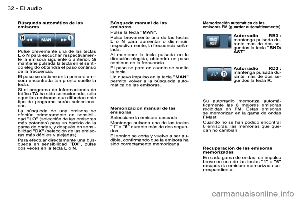 PEUGEOT PARTNER VP 2007  Manual del propietario (in Spanish) �E�l� �a�u�d�i�o�3�2 �-
�P�u�l�s�e�  �b�r�e�v�e�m�e�n�t�e�  �u�n�a�  �d�e�  �l�a�s�  �t�e�c�l�a�s�  
�L� �o�  �N� �p�a�r�a� �e�s�c�u�c�h�a�r� �r�e�s�p�e�c�t�i�v�a�m�e�n�-
�t�e�  �l�a�  �e�m�i�s�o�r�a�
