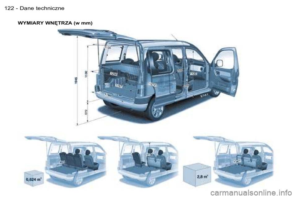 PEUGEOT PARTNER VP 2007  Instrukcja obsługi (in Polish) �D�a�n�e� �t�e�c�h�n�i�c�z�n�e�1�2�2 �-
�W�Y�M�I�A�R�Y� �W�N	�T�R�Z�A� �(�w� �m�m�)  