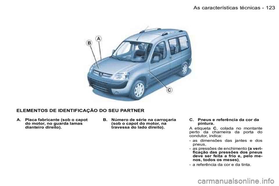 PEUGEOT PARTNER VP 2007  Manual de utilização (in Portuguese) �1�2�3�A�s� �c�a�r�a�c�t�e�r�í�s�t�i�c�a�s� �t�é�c�n�i�c�a�s�-
�E�L�E�M�E�N�T�O�S� �D�E� �I�D�E�N�T�I�F�I�C�A�Ç�Ã�O� �D�O� �S�E�U� �P�A�R�T�N�E�R
�B�.�  �N�ú�m�e�r�o� �d�e� �s�é�r�i�e� �n�a� �c�