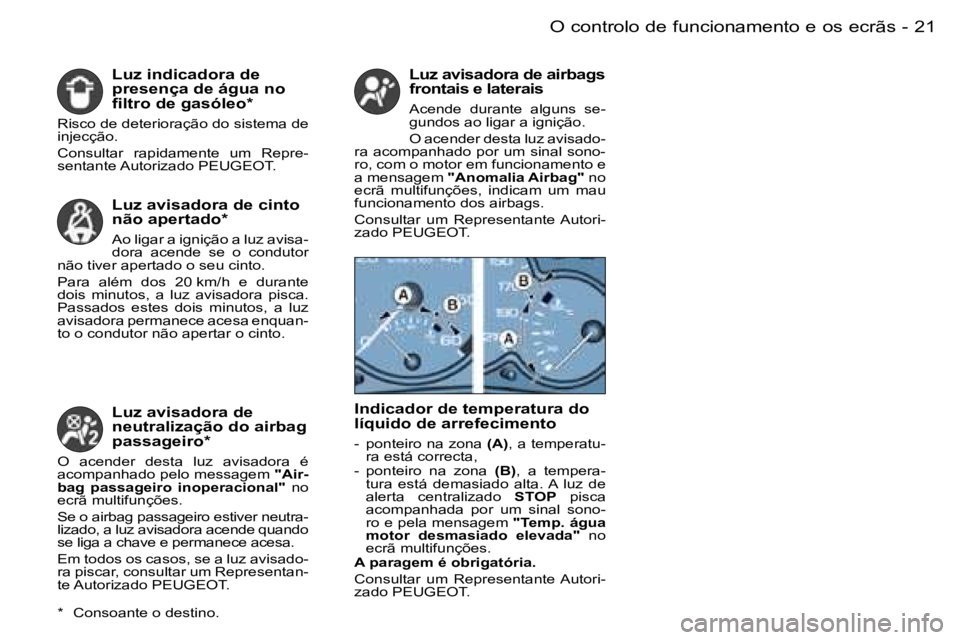 PEUGEOT PARTNER VP 2007  Manual de utilização (in Portuguese) �2�1�O� �c�o�n�t�r�o�l�o� �d�e� �f�u�n�c�i�o�n�a�m�e�n�t�o� �e� �o�s� �e�c�r�ã�s�-
�L�u�z� �i�n�d�i�c�a�d�o�r�a� �d�e�  
�p�r�e�s�e�n�ç�a� �d�e� �á�g�u�a� �n�o� 
�f�i�l�t�r�o� �d�e� �g�a�s�ó�l�e�o