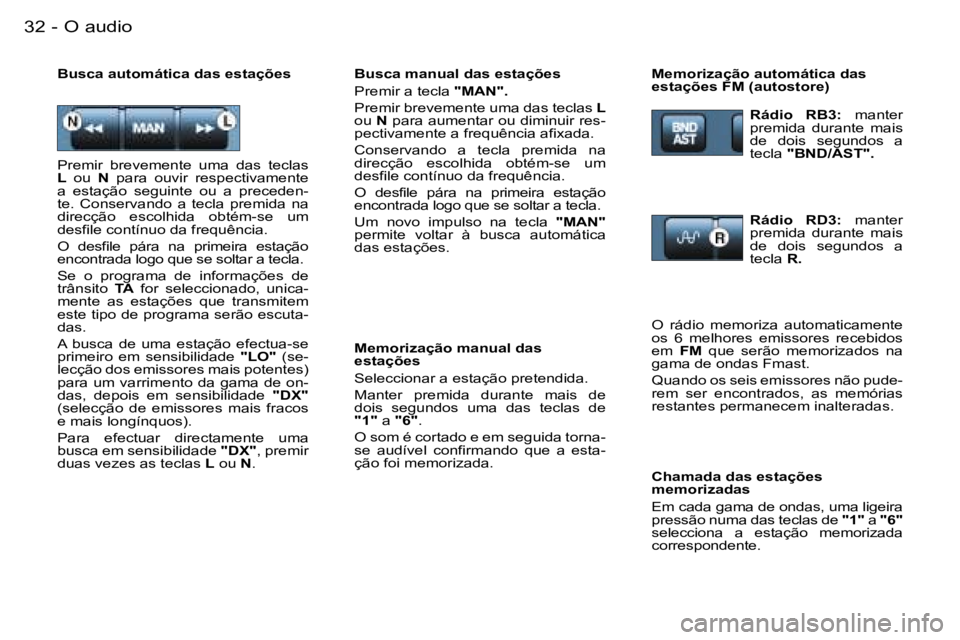PEUGEOT PARTNER VP 2007  Manual de utilização (in Portuguese) �O� �a�u�d�i�o�3�2 �-
�P�r�e�m�i�r�  �b�r�e�v�e�m�e�n�t�e�  �u�m�a�  �d�a�s�  �t�e�c�l�a�s�  
�L� �o�u�  �N� �p�a�r�a�  �o�u�v�i�r�  �r�e�s�p�e�c�t�i�v�a�m�e�n�t�e� 
�a�  �e�s�t�a�ç�ã�o�  �s�e�g�u�i