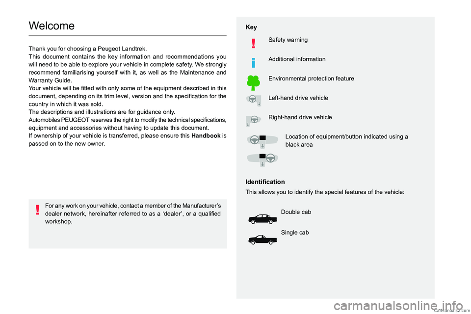 PEUGEOT LANDTREK 2023  Owners Manual   
 
 
 
 
 
  
  
   
   
 
  
 
  
 
 
 
   
 
 
  
Welcome
Thank you for choosing a Peugeot Landtrek.
This document contains the key information and recommendations you 
will need to be able to exp