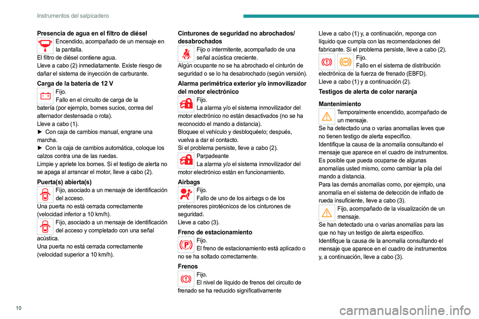 PEUGEOT LANDTREK 2023  Manual del propietario (in Spanish) 10
Instrumentos del salpicadero
Presencia de agua en el filtro de diéselEncendido, acompañado de un mensaje en la pantalla.
El filtro de diésel contiene agua.
Lleve a cabo (2) inmediatamente. Exist