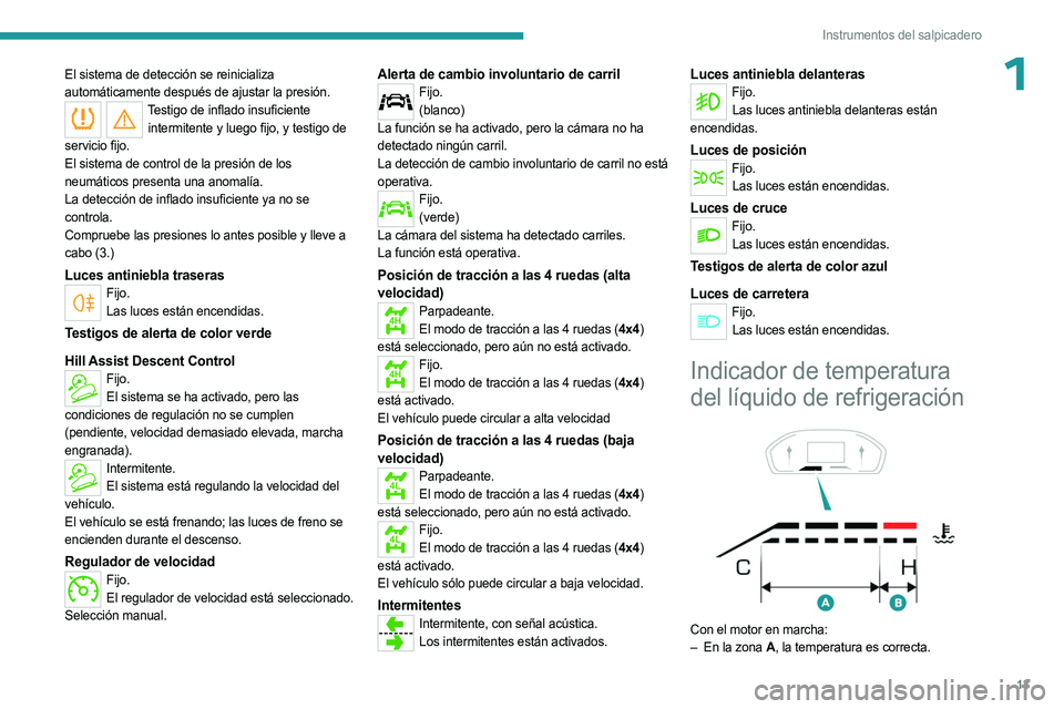 PEUGEOT LANDTREK 2023  Manual del propietario (in Spanish) 13
Instrumentos del salpicadero
1El sistema de detección se reinicializa 
automáticamente  después de ajustar la presión.
Testigo de inflado insuficiente intermitente y luego fijo, y testigo de 
s