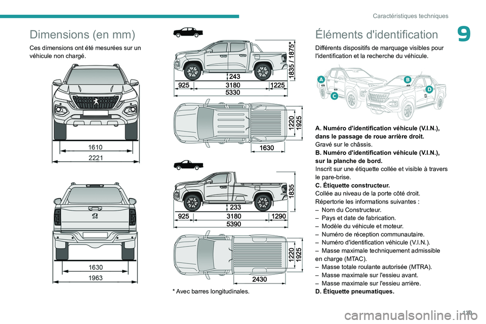 PEUGEOT LANDTREK 2023 Manuel du propriétaire (in French) 139
Caractéristiques techniques
9Dimensions (en mm)
Ces dimensions ont été mesurées sur un
véhicule non chargé.
* Avec barres longitudinales.
Éléments d'identification
Di PEUGEOT LANDTREK 2023 Manuel du propriétaire (in French) 139
Caractéristiques techniques
9Dimensions (en mm)
Ces dimensions ont été mesurées sur un
véhicule non chargé.
* Avec barres longitudinales.
Éléments d'identification
Di