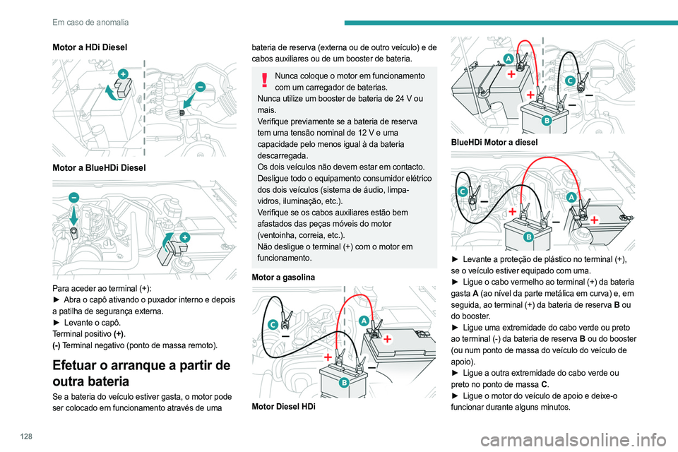 PEUGEOT LANDTREK 2023 Manual de utilização (in Portuguese) 128
Em caso de anomalia
Motor a HDi Diesel
Motor a BlueHDi Diesel
Para aceder ao terminal (+):
► Abra o capô ativando o puxador interno e depois
a patilha de segurança externa.
►
Levan PEUGEOT LANDTREK 2023 Manual de utilização (in Portuguese) 128
Em caso de anomalia
Motor a HDi Diesel
Motor a BlueHDi Diesel
Para aceder ao terminal (+):
► Abra o capô ativando o puxador interno e depois
a patilha de segurança externa.
►
Levan