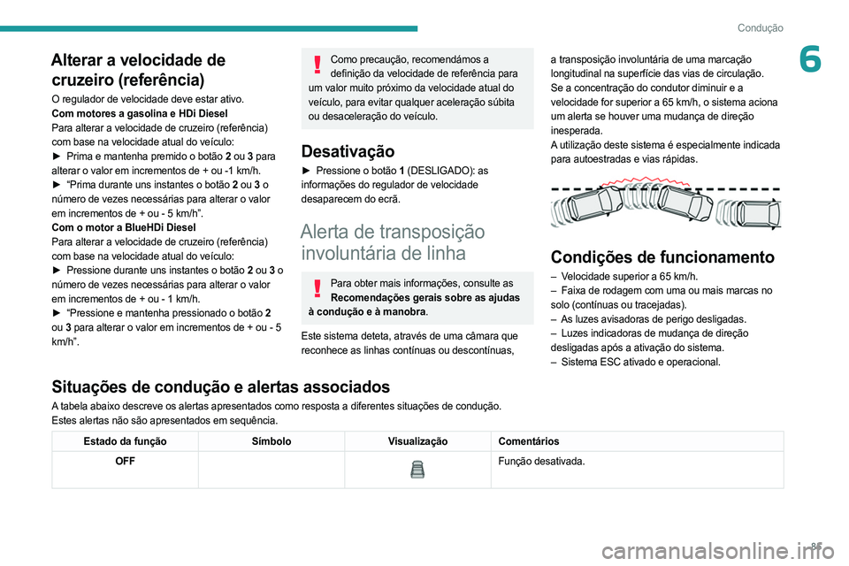 PEUGEOT LANDTREK 2023 Manual de utilização (in Portuguese) 85
Condução
6Alterar a velocidade de cruzeiro (referência)
O regulador de velocidade deve estar ativo.
Com motores a gasolina e HDi Diesel
Para alterar a velocidade de cruzeiro (referência)
com b PEUGEOT LANDTREK 2023 Manual de utilização (in Portuguese) 85
Condução
6Alterar a velocidade de cruzeiro (referência)
O regulador de velocidade deve estar ativo.
Com motores a gasolina e HDi Diesel
Para alterar a velocidade de cruzeiro (referência)
com b