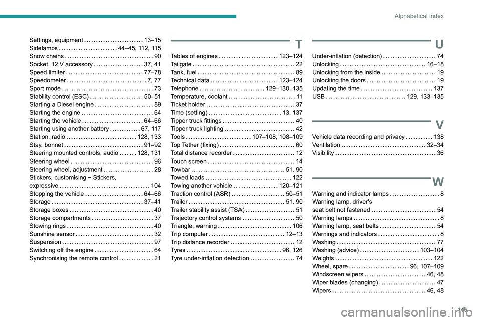 PEUGEOT LANDTREK 2022  Owners Manual 145
Alphabetical index
Settings, equipment     13–15
Sidelamps     
44–45, 112, 115
Snow chains
    
90
Socket, 12 V accessory
   
37, 41
Speed limiter
    
77–78
Speedometer
    
7, 77
Sport mo