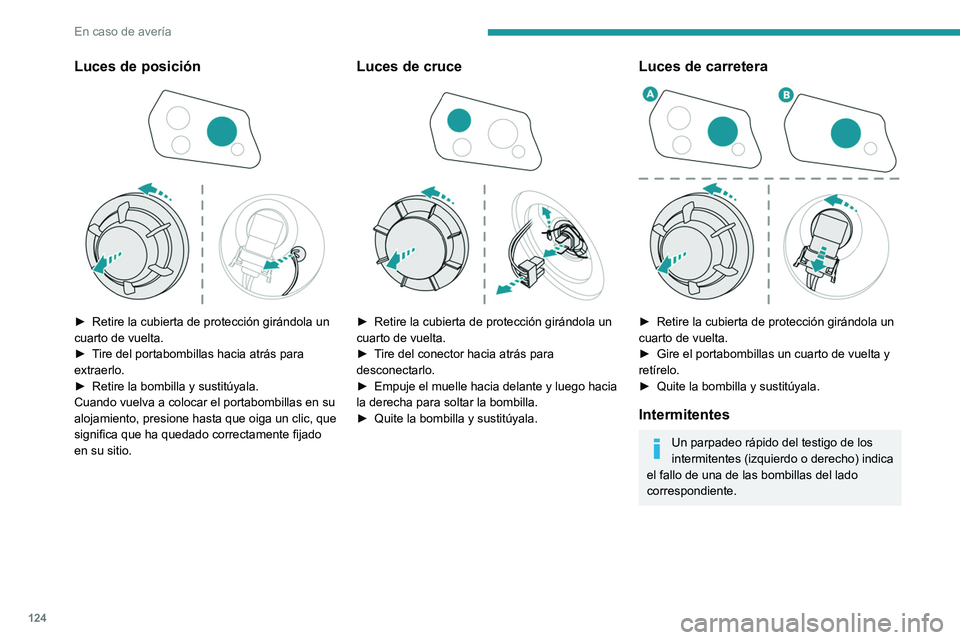 PEUGEOT LANDTREK 2022  Manual del propietario (in Spanish) 124
En caso de avería
Luces de posición 
 
► Retire la cubierta de protección girándola un 
cuarto de vuelta.
►
 
T
 ire del portabombillas hacia atrás para 
extraerlo.
►
 
Retire la bombil
