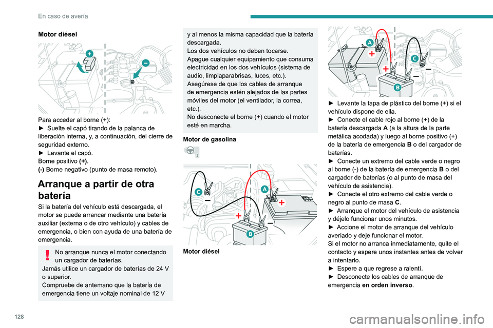 PEUGEOT LANDTREK 2022 Manual del propietario (in Spanish) 128
En caso de avería
Motor diésel
Para acceder al borne (+):
► Suelte el capó tirando de la palanca de
liberación interna, y
, a continuación, del cierre de
seguridad externo.
►
Levan PEUGEOT LANDTREK 2022 Manual del propietario (in Spanish) 128
En caso de avería
Motor diésel
Para acceder al borne (+):
► Suelte el capó tirando de la palanca de
liberación interna, y
, a continuación, del cierre de
seguridad externo.
►
Levan