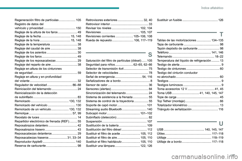 PEUGEOT LANDTREK 2022  Manual del propietario (in Spanish) 157
Índice alfabético
Regeneración filtro de partículas     105
Registro de datos del  
vehículo y privacidad
    
150
Reglaje de la altura de los faros
    
49
Reglaje de la fecha
    
15, 148
R