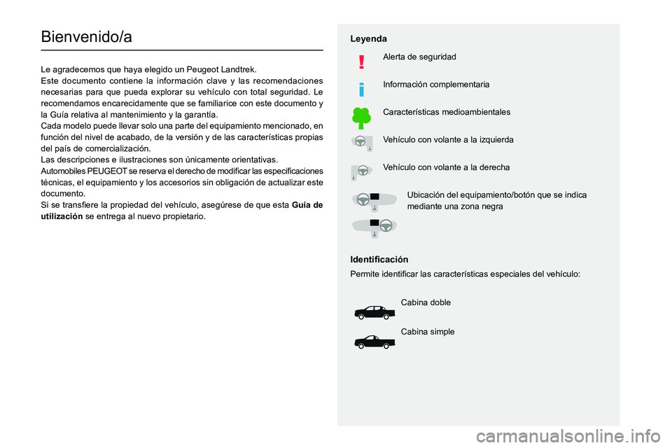 PEUGEOT LANDTREK 2022  Manual del propietario (in Spanish)   
 
 
 
 
 
  
  
   
   
 
  
 
  
 
 
 
   
 
 
  
Bienvenido/a
Le agradecemos que haya elegido un Peugeot Landtrek.
Este documento contiene la información clave y las recomendaciones 
necesarias 
