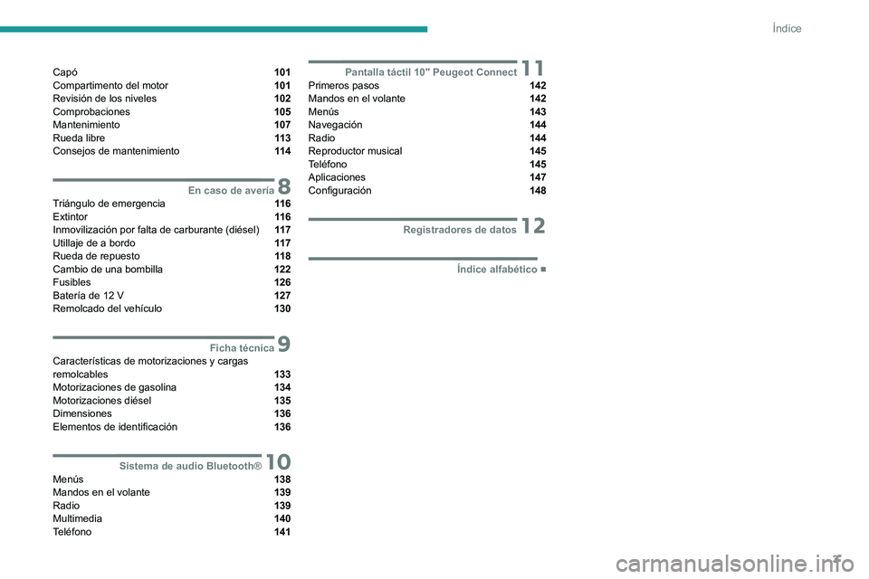 PEUGEOT LANDTREK 2022  Manual del propietario (in Spanish) 3
Índice
Capó  101
Compartimento del motor  101
Revisión de los niveles  102
Comprobaciones  105
Mantenimiento  107
Rueda libre  11 3
Consejos de mantenimiento  11 4
 8En caso de averíaTriángulo 