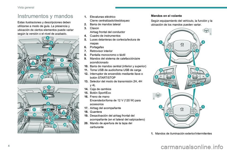 PEUGEOT LANDTREK 2022  Manual del propietario (in Spanish) 4
Vista general
Instrumentos y mandos
Estas ilustraciones y descripciones deben 
utilizarse a modo de guía. La presencia y 
ubicación de ciertos elementos puede variar 
según la versión o el nivel