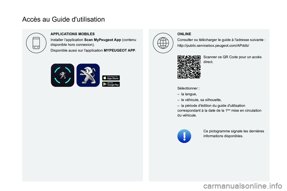 PEUGEOT LANDTREK 2022  Manuel du propriétaire (in French)  
 
 
 
 
 
 
  
  
 
  
  
Accès au Guide d'utilisation
ONLINE
Consulter ou télécharger le guide à l'adresse suivante  :
http://public.servicebox.peugeot.com/APddb/
Scanner ce QR Code pou