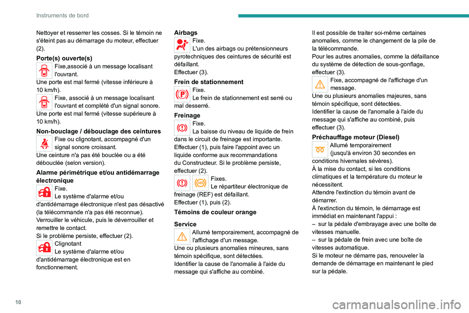 PEUGEOT LANDTREK 2022 Manuel du propriétaire (in French) 10
Instruments de bord
Nettoyer et resserrer les cosses. Si le témoin ne
s'éteint pas au démarrage du moteur, effectuer
(2).
Porte(s) ouverte(s)Fixe,associé à un message localisant
l'o PEUGEOT LANDTREK 2022 Manuel du propriétaire (in French) 10
Instruments de bord
Nettoyer et resserrer les cosses. Si le témoin ne
s'éteint pas au démarrage du moteur, effectuer
(2).
Porte(s) ouverte(s)Fixe,associé à un message localisant
l'o