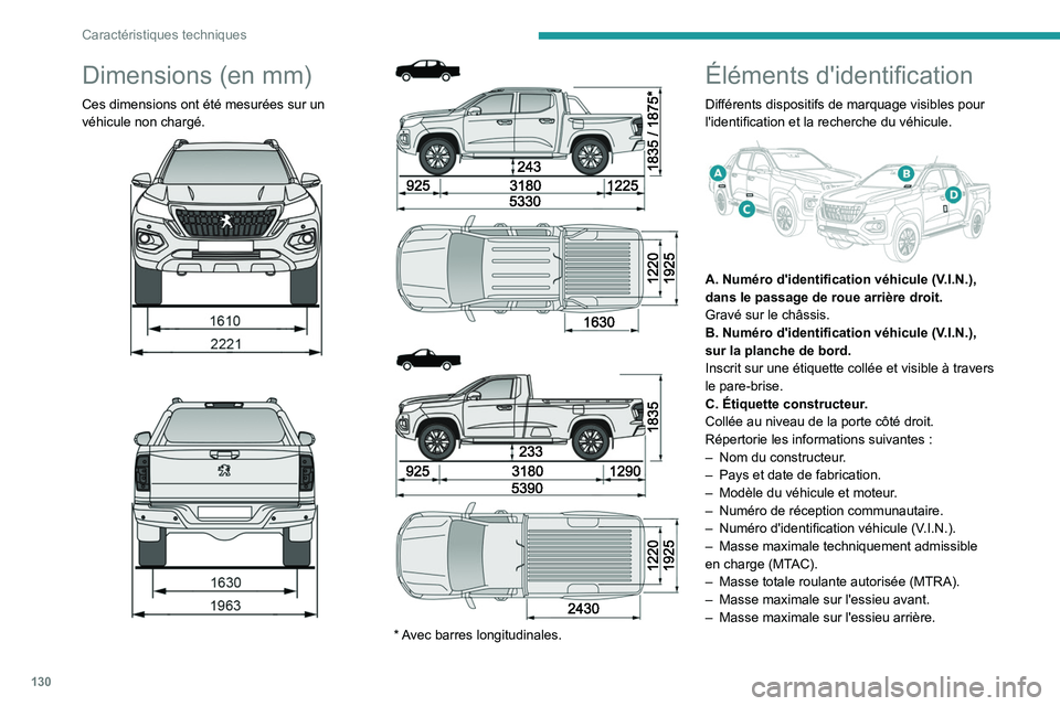 PEUGEOT LANDTREK 2022  Manuel du propriétaire (in French) 130
Caractéristiques techniques
Dimensions (en mm)
Ces dimensions ont été mesurées sur un 
véhicule non chargé. 
 
 
 
 
 
 
 
 
* Avec barres longitudinales.
Éléments d'identification
Dif
