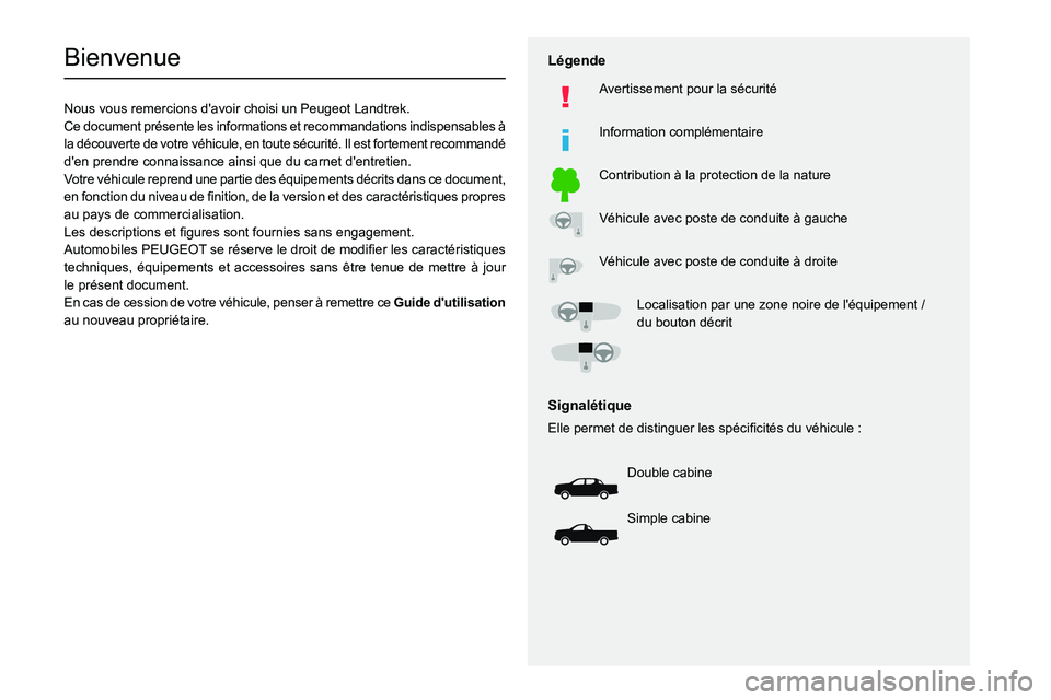 PEUGEOT LANDTREK 2022  Manuel du propriétaire (in French)   
 
 
 
 
 
  
  
   
   
 
  
 
  
 
 
 
   
 
 
  
Bienvenue
Nous vous remercions d'avoir choisi un Peugeot Landtrek.
Ce document présente les informations et recommandations indispensables à