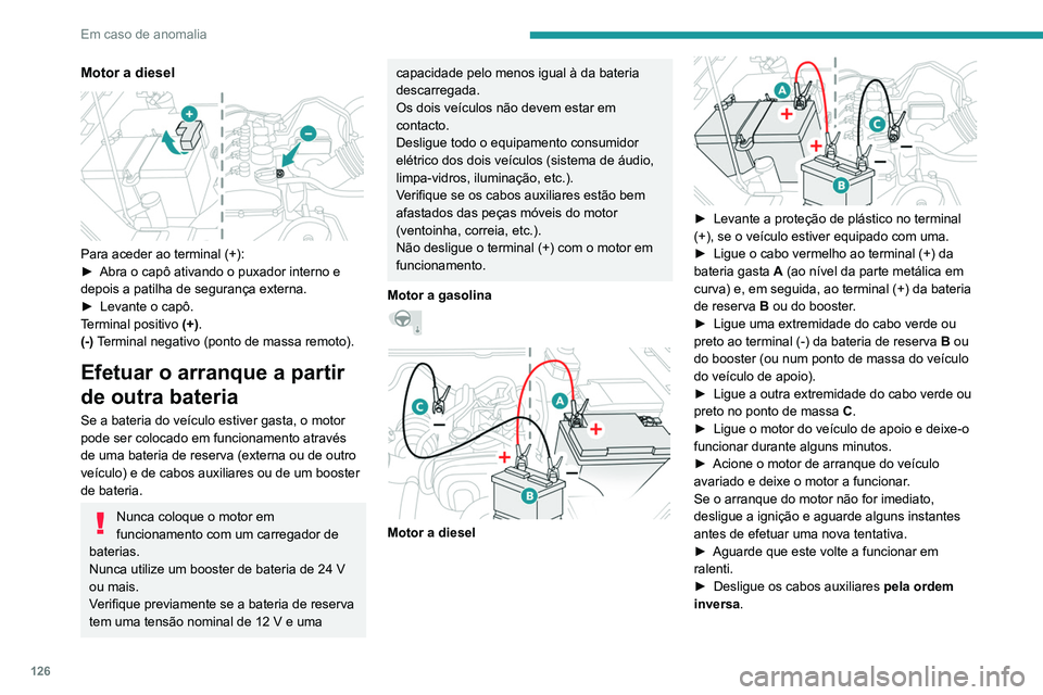 PEUGEOT LANDTREK 2022  Manual de utilização (in Portuguese) 126
Em caso de anomalia
Motor a diesel 
 
Para aceder ao terminal (+):
► Abra o capô ativando o puxador interno e 
depois a patilha de segurança externa.
►
 
Levante o capô.
T

erminal positivo