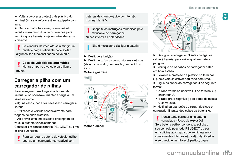 PEUGEOT LANDTREK 2022  Manual de utilização (in Portuguese) 127
Em caso de anomalia
8► Volte a colocar a proteção de plástico do 
terminal (+), se o veículo estiver equipado com 
uma.
► 
Deixe o motor funcionar
 , com o veículo 
parado, no mínimo dur