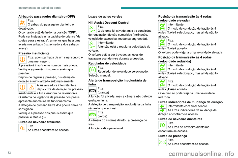 PEUGEOT LANDTREK 2022  Manual de utilização (in Portuguese) 12
Instrumentos do painel de bordo
Luzes de cruzamentoFixa.
As luzes encontram-se acesas.
Luzes de aviso azuis
Luzes de estrada
Fixa.
As luzes encontram-se acesas.
Indicador de temperatura 
do líquid