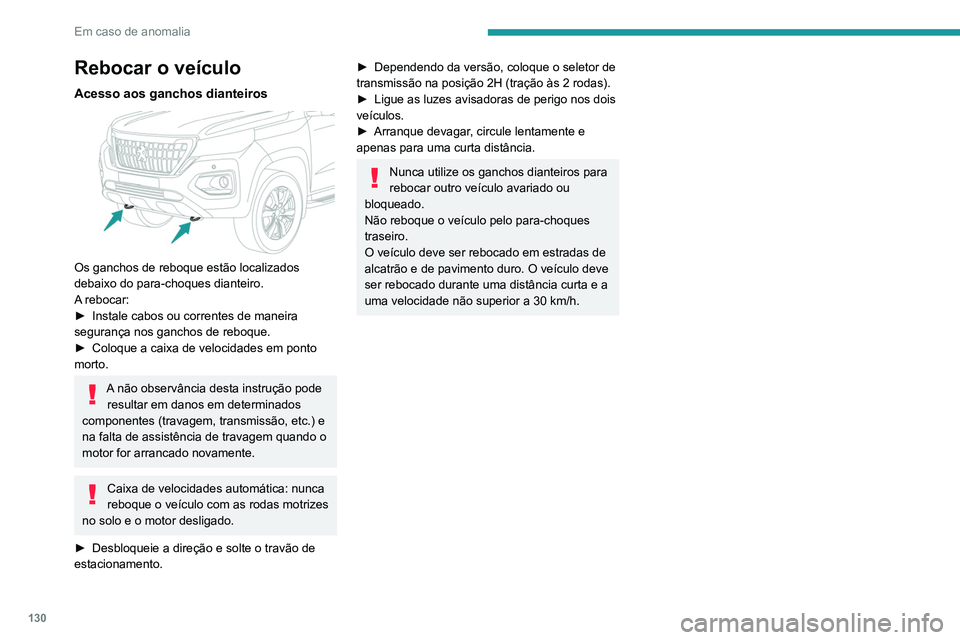 PEUGEOT LANDTREK 2022  Manual de utilização (in Portuguese) 130
Em caso de anomalia
Rebocar o veículo
Acesso aos ganchos dianteiros 
 
Os ganchos de reboque estão localizados 
debaixo do para-choques dianteiro.
A rebocar:
► 
Instale cabos ou correntes de m