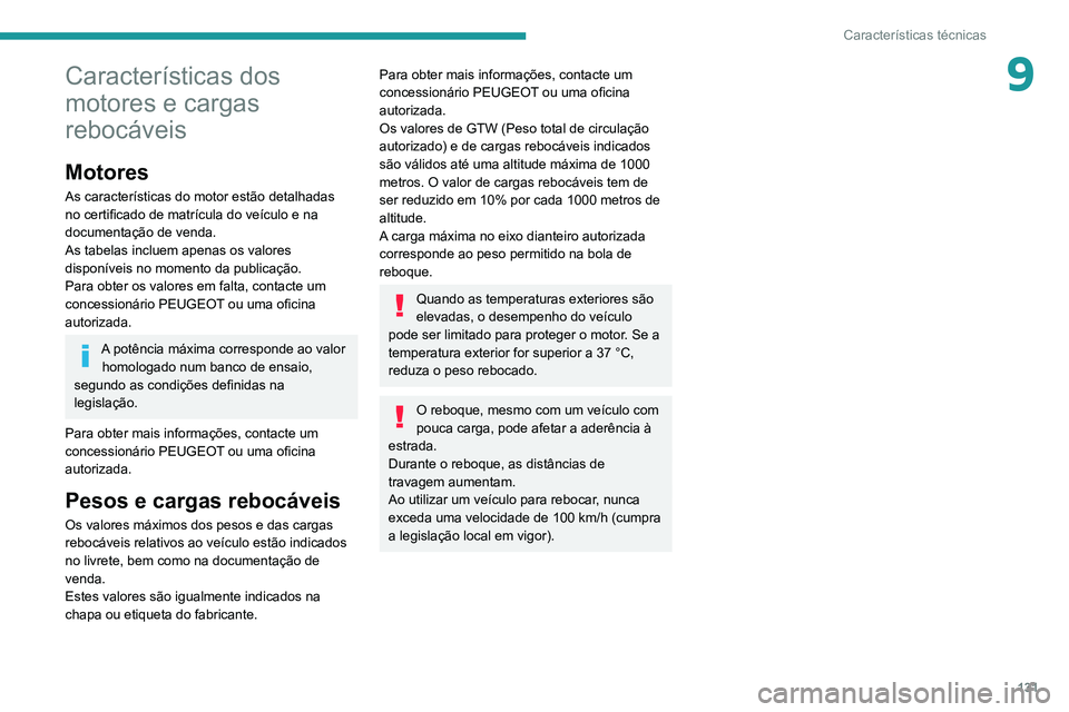PEUGEOT LANDTREK 2022  Manual de utilização (in Portuguese) 131
Características técnicas
9Características dos 
motores e cargas 
rebocáveis
Motores
As características do motor estão detalhadas 
no certificado de matrícula do veículo e na 
documentaçã