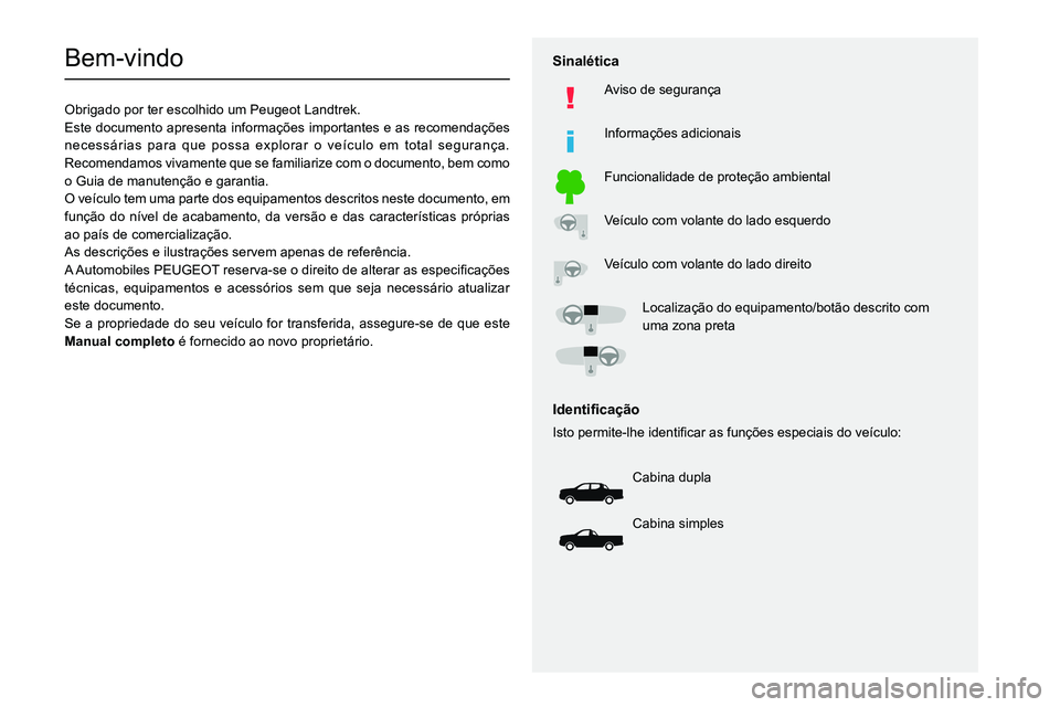 PEUGEOT LANDTREK 2022  Manual de utilização (in Portuguese)   
 
 
 
 
 
  
  
   
   
 
  
 
  
 
 
 
   
 
 
  
Bem-vindo
Obrigado por ter escolhido um Peugeot Landtrek.
Este documento apresenta informações importantes e as recomendações 
necessárias pa