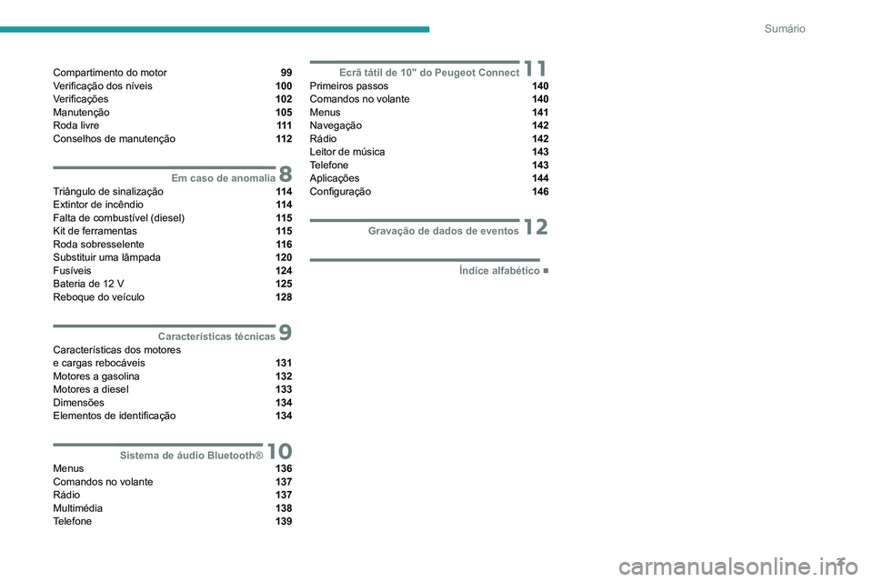 PEUGEOT LANDTREK 2022  Manual de utilização (in Portuguese) 3
Sumário
Compartimento do motor  99
Verificação dos níveis  100
Verificações  102
Manutenção  105
Roda livre  111
Conselhos de manutenção  11 2
 8Em caso de anomaliaTriângulo de sinalizaç