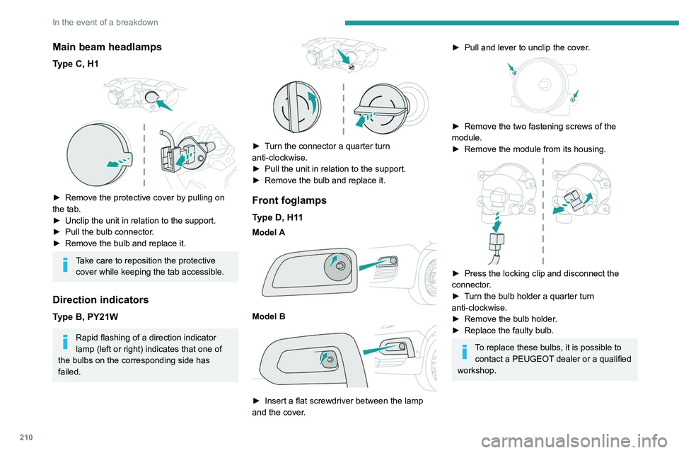 PEUGEOT PARTNER 2022  Owners Manual 210
In the event of a breakdown
Main beam headlamps
Type C, H1 
 
► Remove the protective cover by pulling on 
the tab.
►
 
Unclip the unit in relation to the support.
►

 
Pull the bulb connect